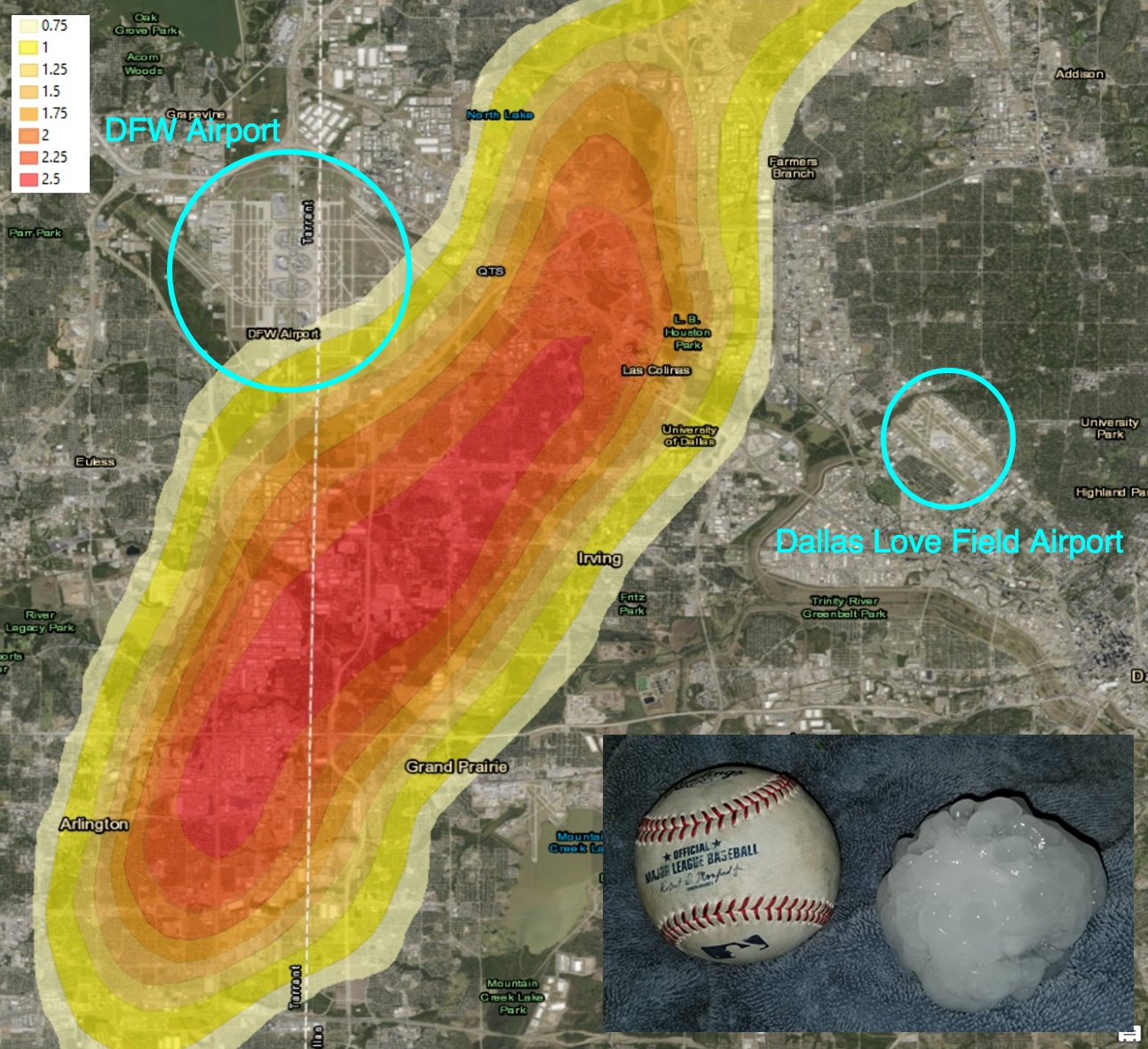 GIS Contours of Hail Near Dallas- June 6, 2018.