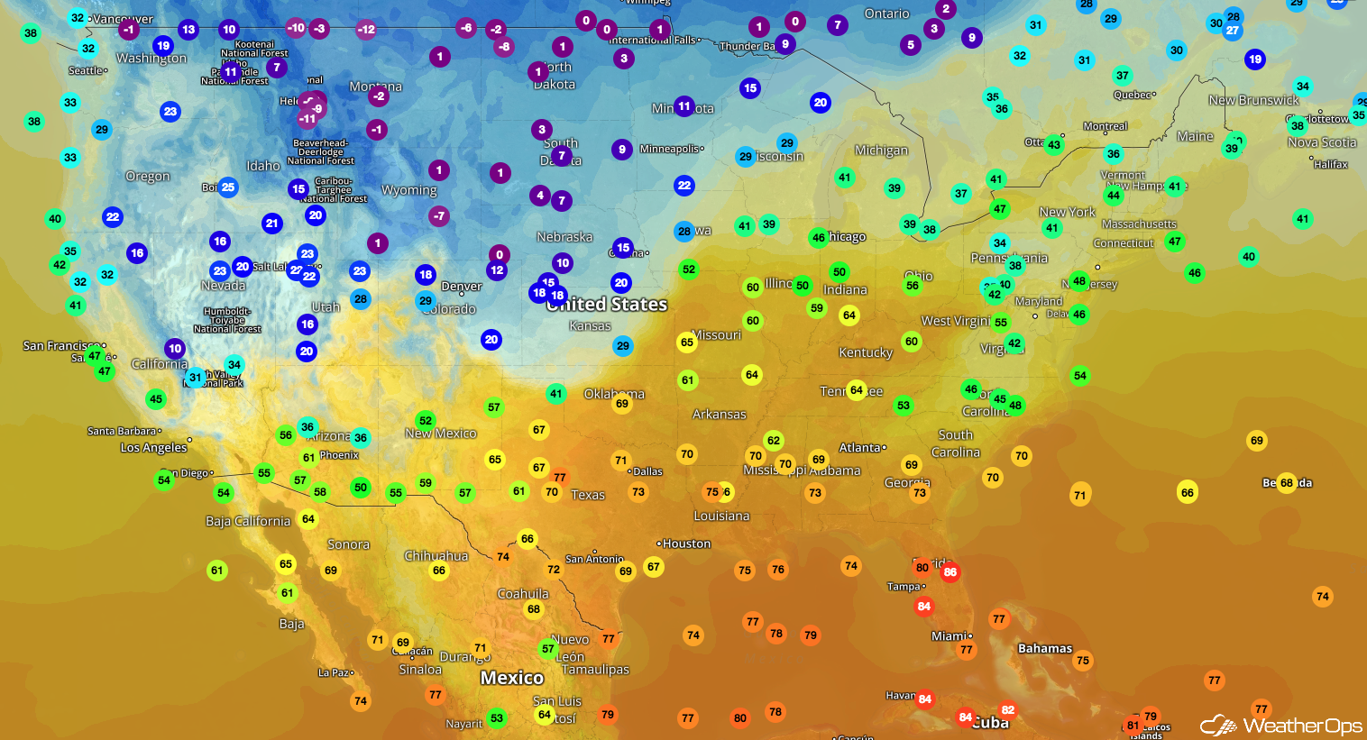 WeatherOps Temperature Map- February 19, 2018