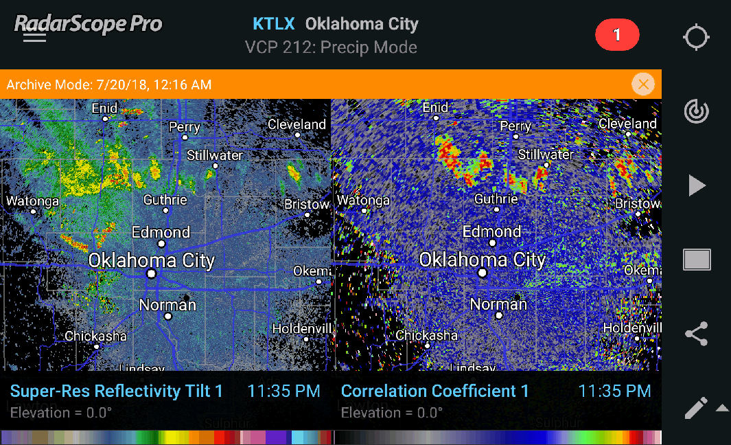 RadarScope KTLX Ref and CC