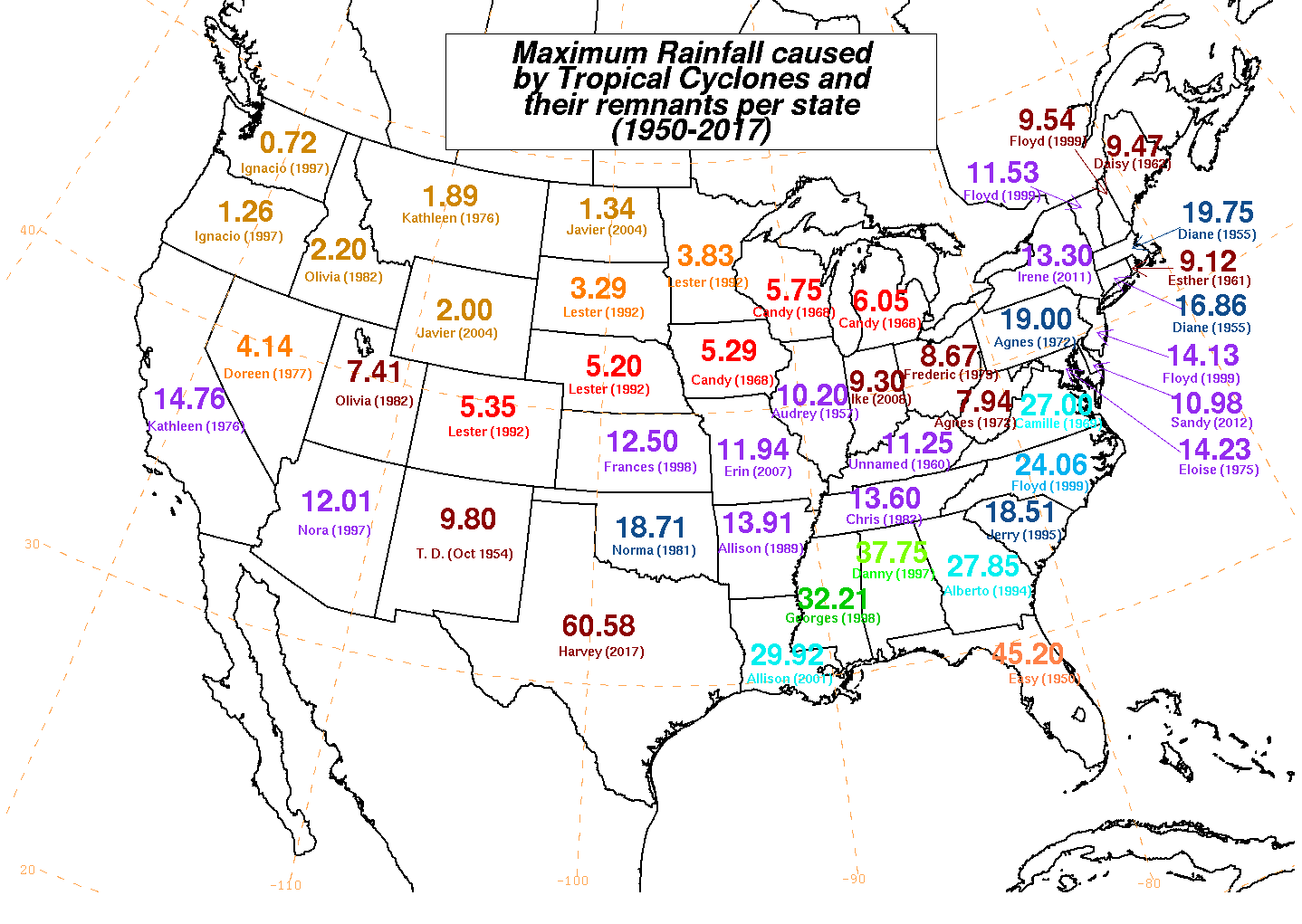 Max Rainfall Per State Caused By Tropical Cyclones