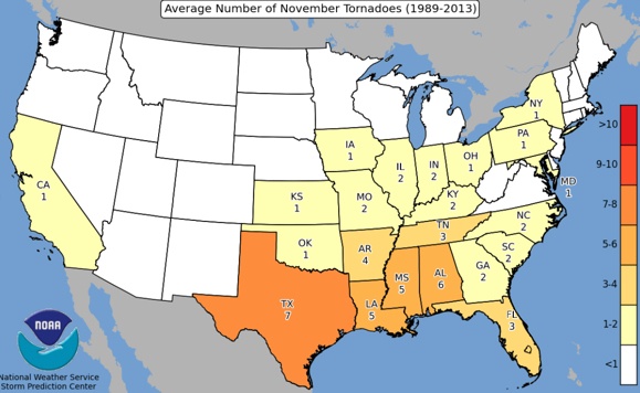 Average Number of November Tornadoes (1989-2013)