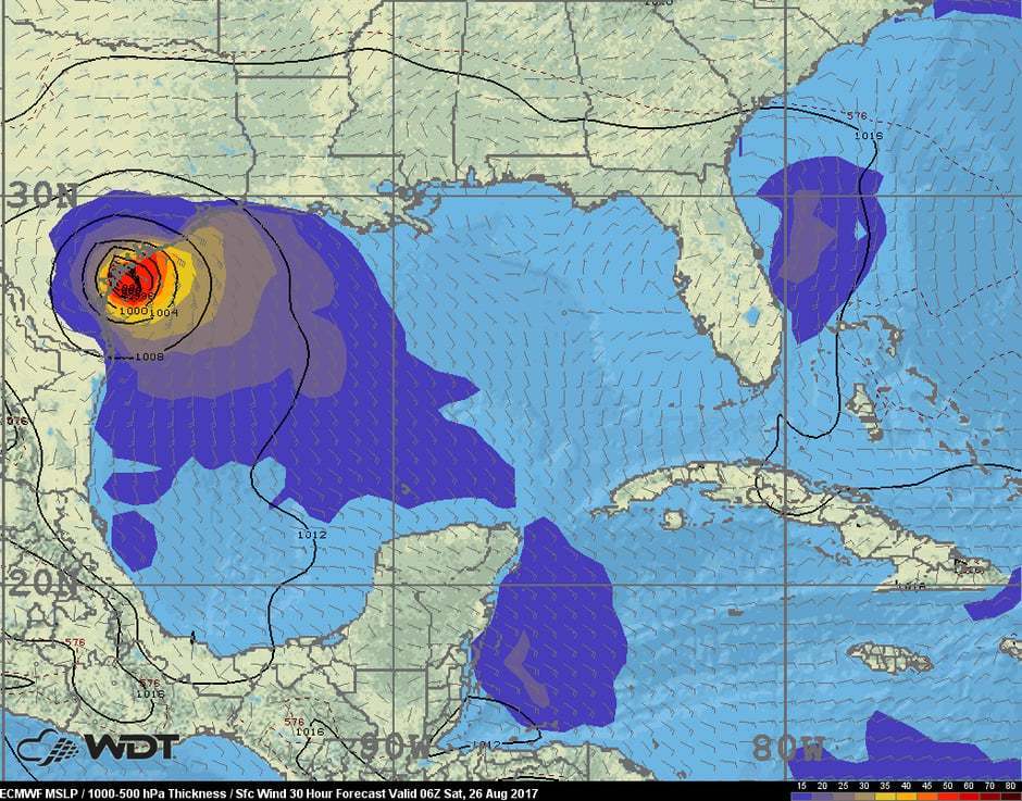 ECMWF winds Saturday, August 26, 2017 1am CDT