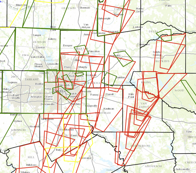 Warning Polygons issued on Dec. 26, 2015 by the NOAA NWS Dallas/Fort Worth Office