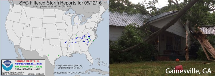 SPC Storm Reports and GA Wind Damage (Photo Credit: Gainesville FD)