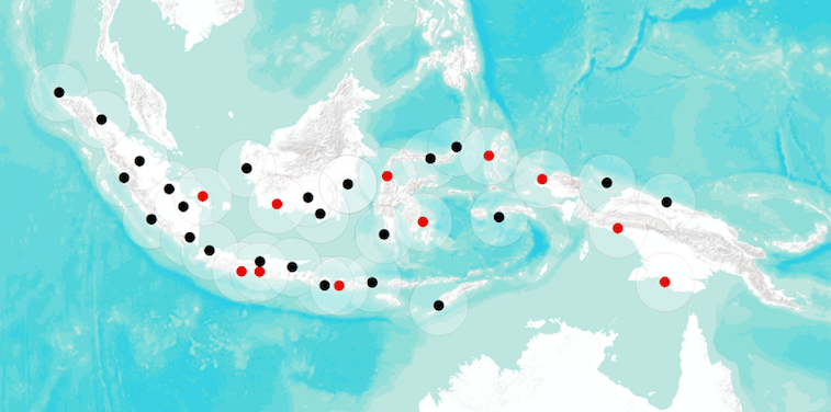 Indonesian radar network.  Red radars integrated during the latest phase in 2015.