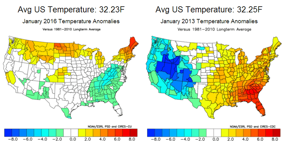 Temperature Anomolies between Jan 2016 and Jan 2013