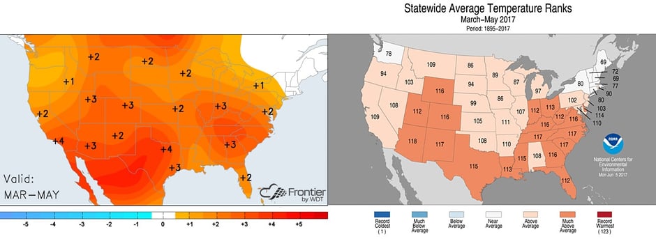 Left: Average temperature anomalies during the spring season. Right: Individual state rankings