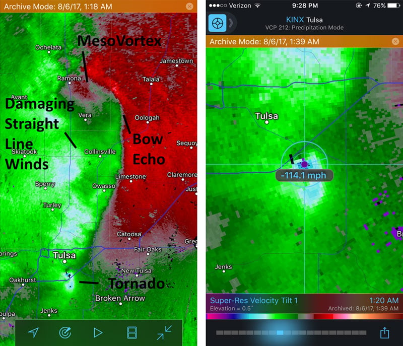 Velocity Data for First Tulsa Tornado on August 6, 2017