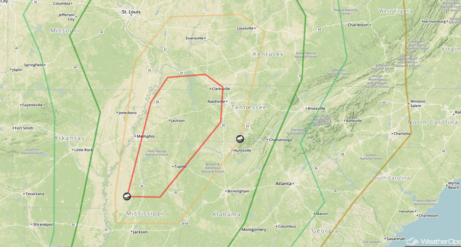 SPC Convective Outlook for Thursday, March 30, 2017 Shows Area of Possible Tennessee Tornado