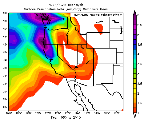 Average daily rainfall in February over the 30 year period of 1980-2010