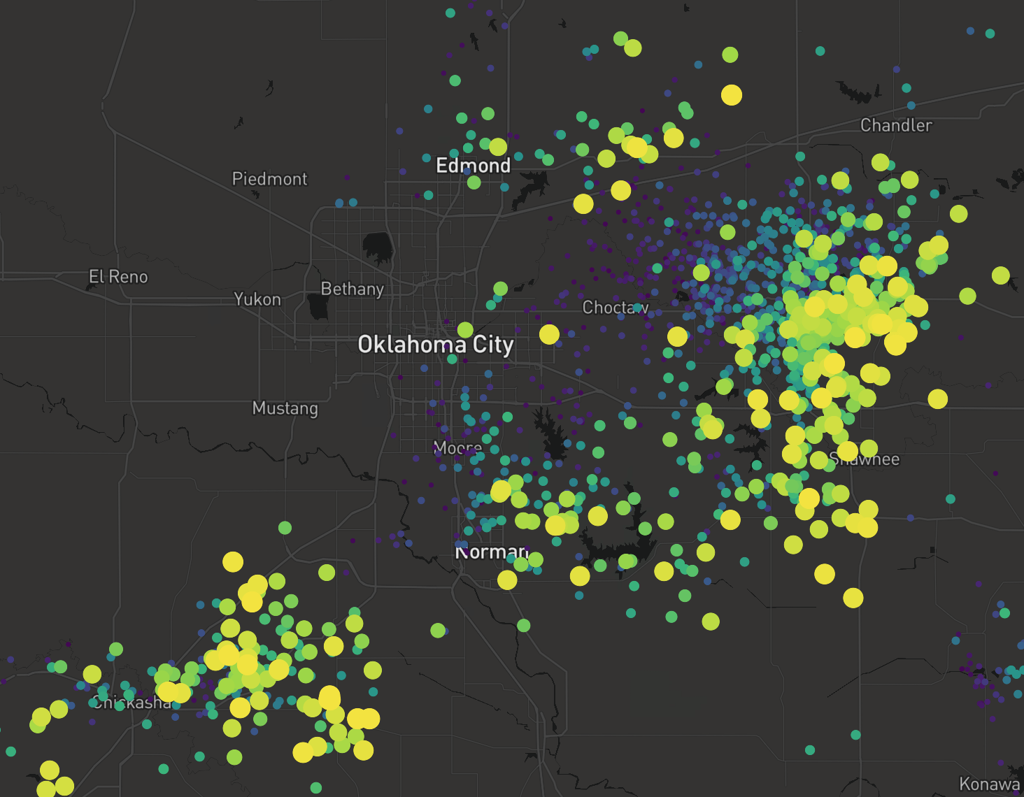 Vector Tile Lightning Events with Size and Color Interpolated by Strike Age