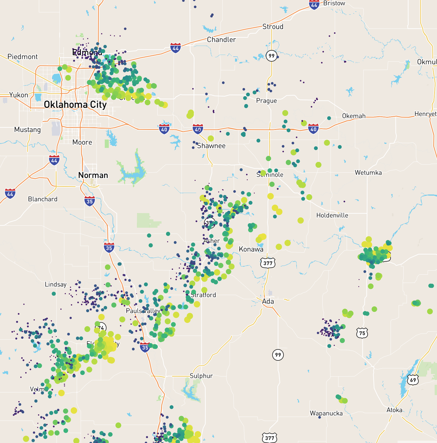 Vector Tile Lightning Events with Size and Color Interpolated by Strike Age