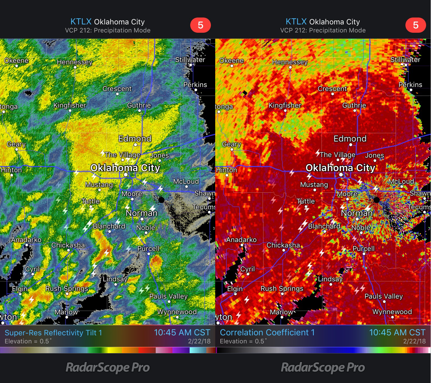 Base Reflectivity and Correlation Coefficient 10:45am CST February 22, 2018