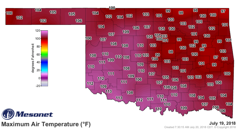 Oklahoma Highs on July 19, 2018